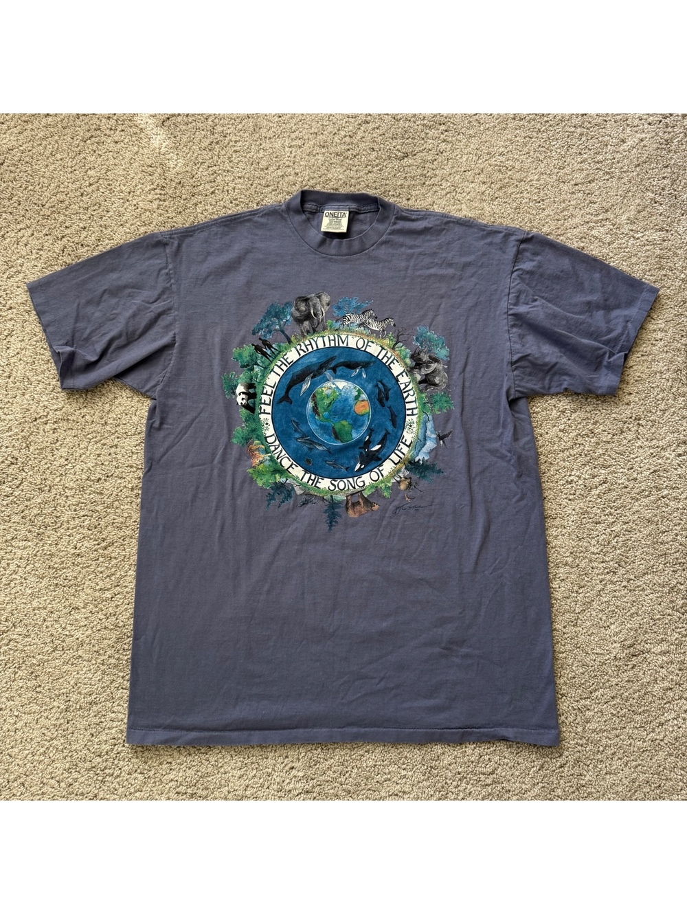 Vintage 90s Feel The Rhythm Of The Earth Shirt Size XL blue Purple Nature Earth